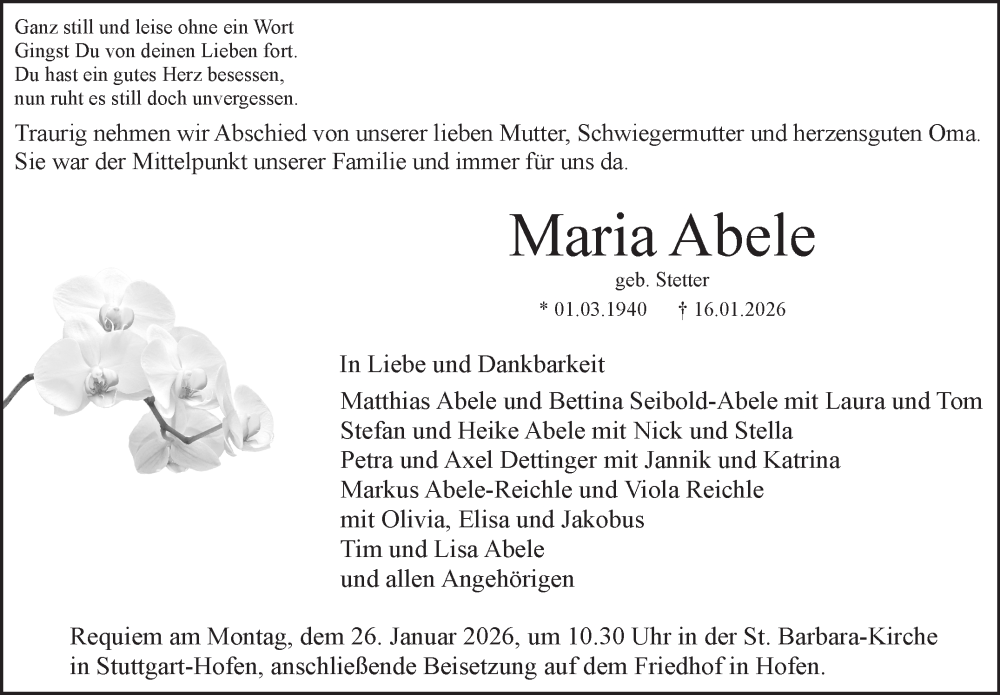  Traueranzeige für Maria Abele vom 22.01.2026 aus Stuttgarter Zeitung / Stuttgarter Nachrichten