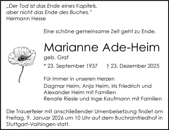 Traueranzeige von Marianne Ade-Heim von Stuttgarter Zeitung / Stuttgarter Nachrichten