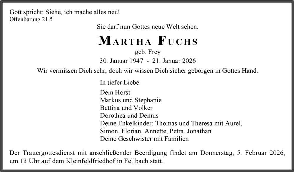  Traueranzeige für Martha Fuchs vom 29.01.2026 aus Stuttgarter Zeitung / Stuttgarter Nachrichten