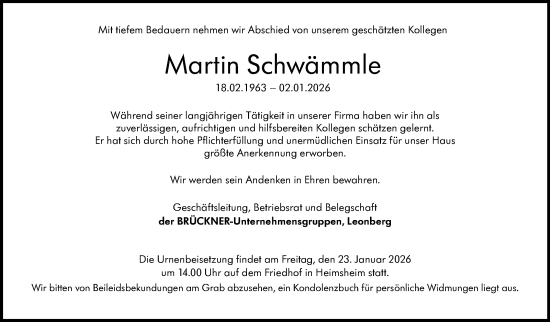 Traueranzeige von Martin Schwämmle von Leonberger Kreiszeitung / Strohgäu Extra