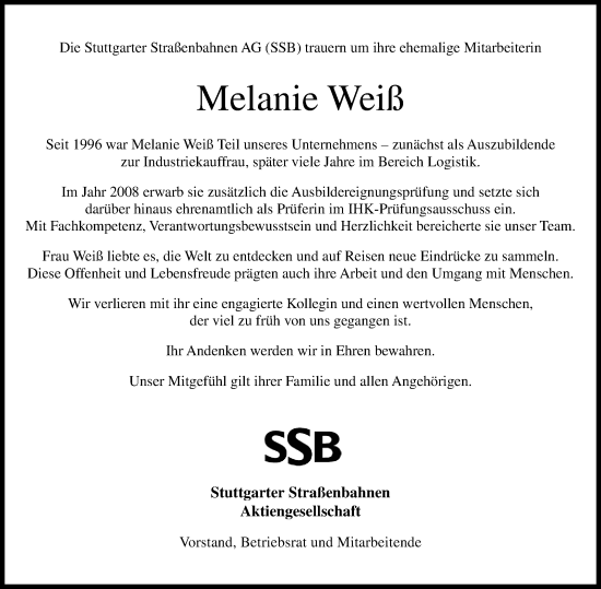 Traueranzeige von Melanie Weiß von Stuttgarter Zeitung / Stuttgarter Nachrichten