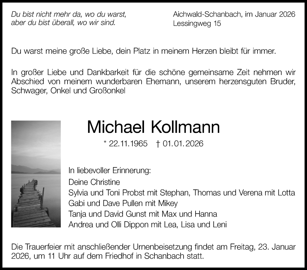  Traueranzeige für Michael Kollmann vom 17.01.2026 aus Eßlinger Zeitung