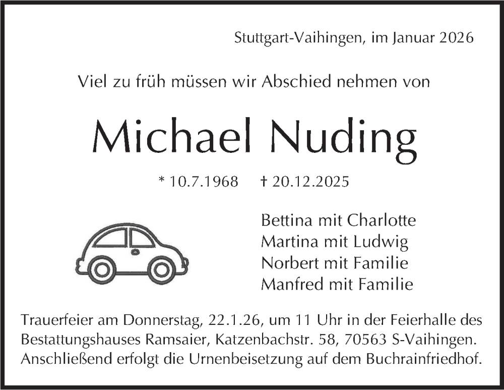  Traueranzeige für Michael Nuding vom 17.01.2026 aus Stuttgarter Zeitung / Stuttgarter Nachrichten