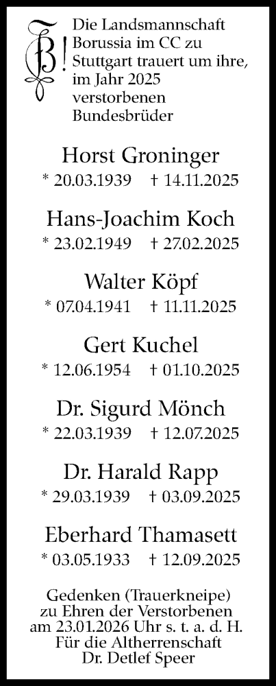  Traueranzeige für Nachruf Landsmannschaft Borussia vom 17.01.2026 aus Stuttgarter Zeitung / Stuttgarter Nachrichten