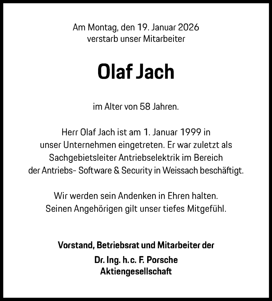  Traueranzeige für Olaf Jach vom 24.01.2026 aus Kreiszeitung Böblinger Bote