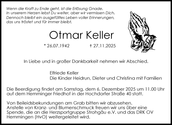 Traueranzeige von Otmar Keller von Leonberger Kreiszeitung / Strohgäu Extra