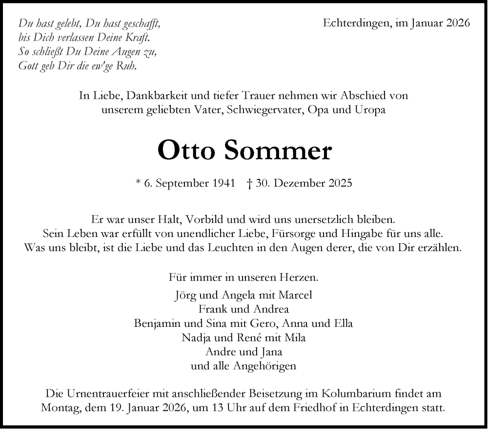  Traueranzeige für Otto Sommer vom 09.01.2026 aus Eßlinger Zeitung