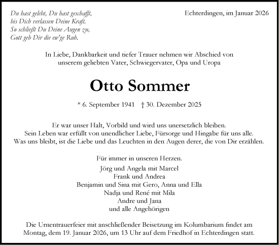 Traueranzeige von Otto Sommer von Eßlinger Zeitung