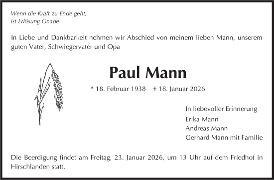 Traueranzeige von Paul Mann von Leonberger Kreiszeitung / Strohgäu Extra