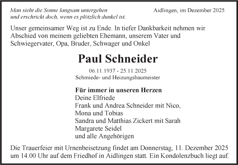  Traueranzeige für Paul Schneider vom 01.12.2025 aus Kreiszeitung Böblinger Bote