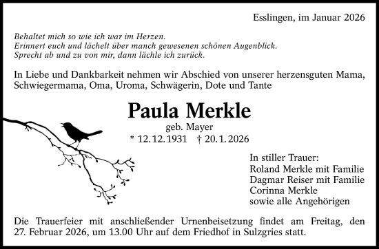 Traueranzeige von Paula Merkle von Eßlinger Zeitung