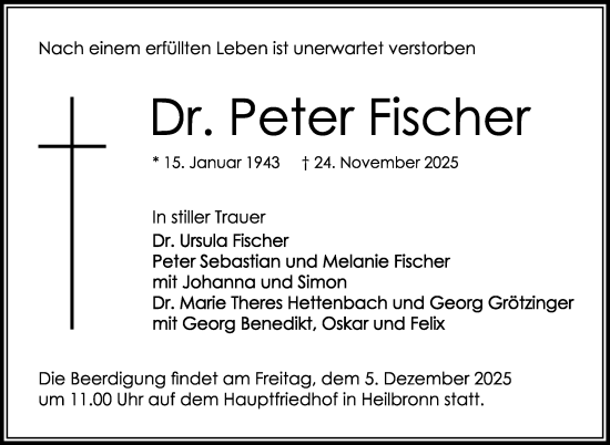 Traueranzeige von Peter Fischer von Stuttgarter Zeitung / Stuttgarter Nachrichten