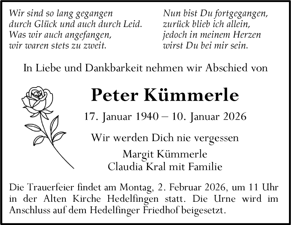  Traueranzeige für Peter Kümmerle vom 17.01.2026 aus Stuttgarter Zeitung / Stuttgarter Nachrichten