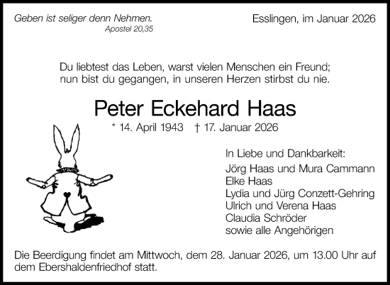 Traueranzeige von Peter Eckehard Haas von Eßlinger Zeitung