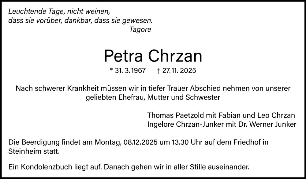  Traueranzeige für Petra Chrzan vom 04.12.2025 aus Marbacher Zeitung