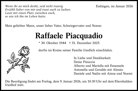 Traueranzeige von Raffaele Piacquadio von Eßlinger Zeitung
