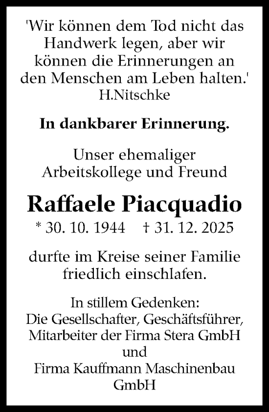 Traueranzeige von Raffaele Piacquadio von Eßlinger Zeitung
