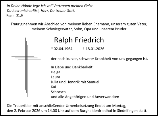 Traueranzeige von Ralph Friedrich von Kreiszeitung Böblinger Bote