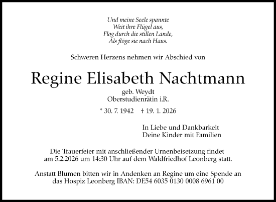 Traueranzeige von Regine Elisabeth Nachtmann von Leonberger Kreiszeitung / Strohgäu Extra