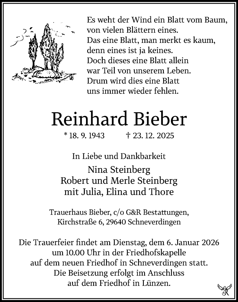  Traueranzeige für Reinhard Bieber vom 03.01.2026 aus Stuttgarter Zeitung / Stuttgarter Nachrichten