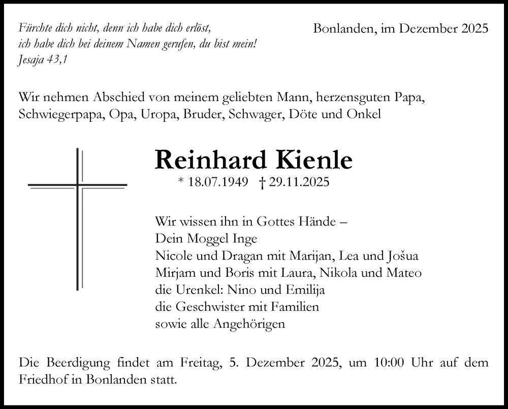  Traueranzeige für Reinhard Kienle vom 03.12.2025 aus Eßlinger Zeitung