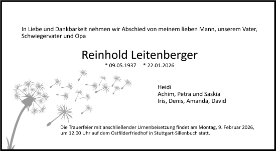 Traueranzeige von Reinhold Leitenberger von Stuttgarter Zeitung / Stuttgarter Nachrichten