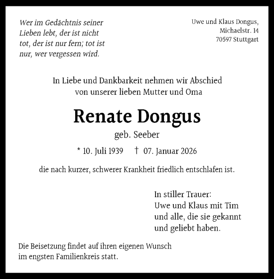Traueranzeige von Renate Dongus von Stuttgarter Zeitung / Stuttgarter Nachrichten