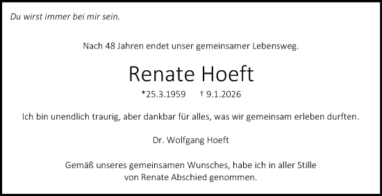 Traueranzeige von Renate Hoeft von Stuttgarter Zeitung / Stuttgarter Nachrichten