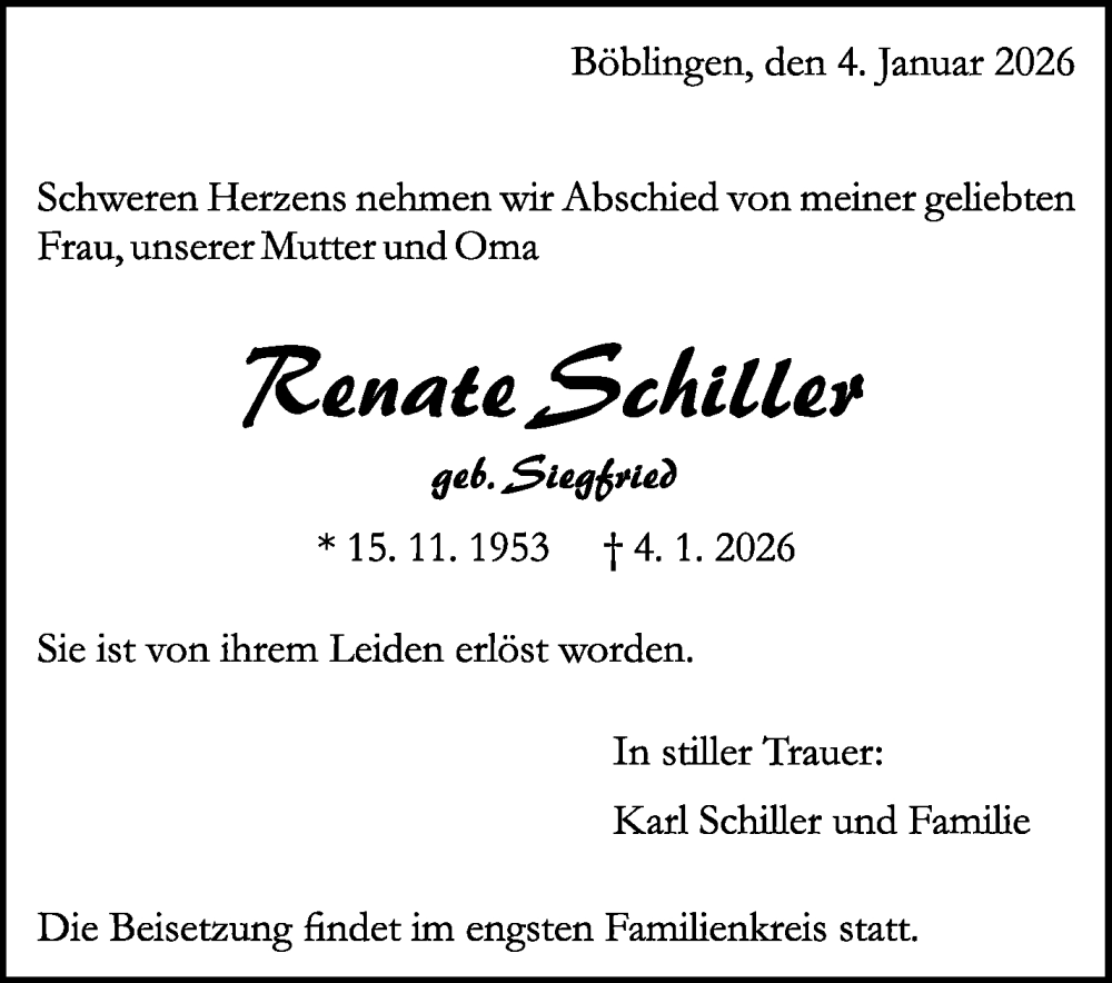  Traueranzeige für Renate Schiller vom 15.01.2026 aus Kreiszeitung Böblinger Bote