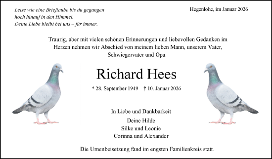 Traueranzeige von Richard Hees von Eßlinger Zeitung