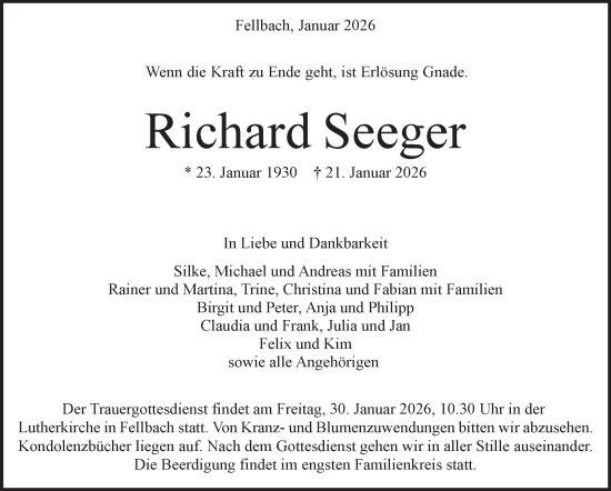 Traueranzeige von Richard Seeger von Stuttgarter Zeitung / Stuttgarter Nachrichten