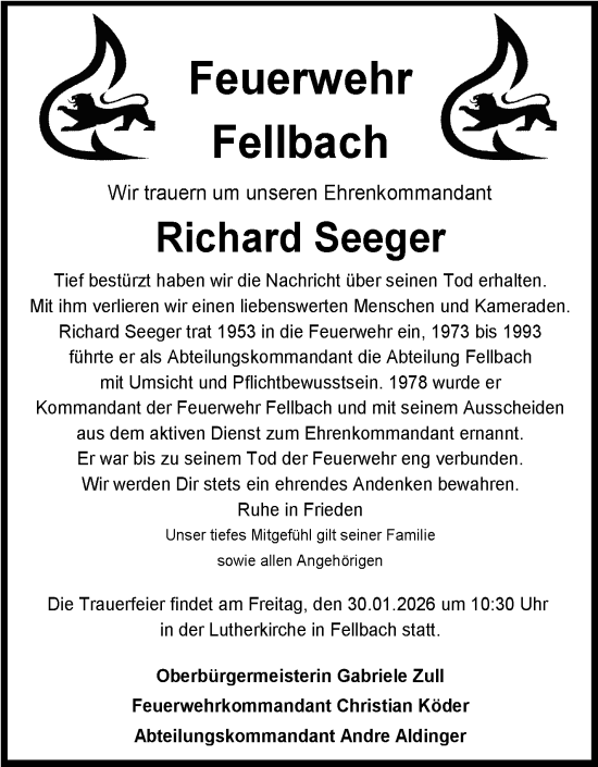 Traueranzeige von Richard Seeger von Stuttgarter Zeitung / Stuttgarter Nachrichten