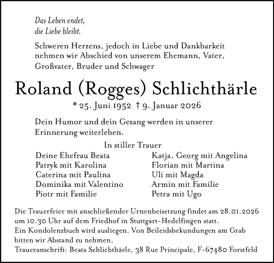 Traueranzeige von Roland Schlichthärle von Leonberger Kreiszeitung / Strohgäu Extra