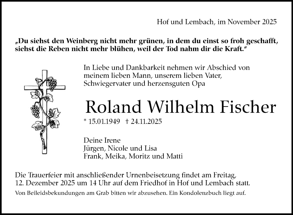  Traueranzeige für Roland Wilhelm Fischer vom 05.12.2025 aus Marbacher Zeitung