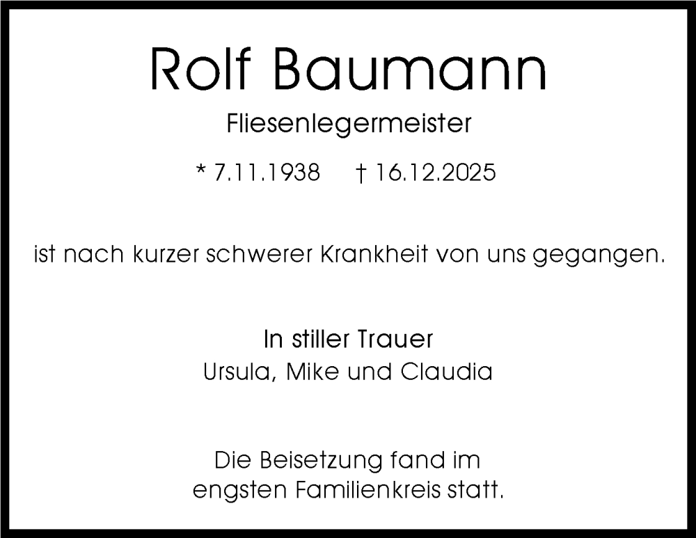  Traueranzeige für Rolf Baumann vom 19.01.2026 aus Stuttgarter Zeitung / Stuttgarter Nachrichten