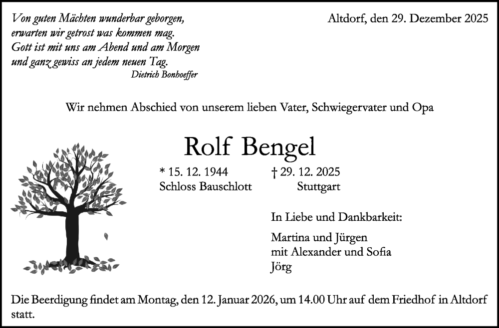  Traueranzeige für Rolf Bengel vom 05.01.2026 aus Kreiszeitung Böblinger Bote