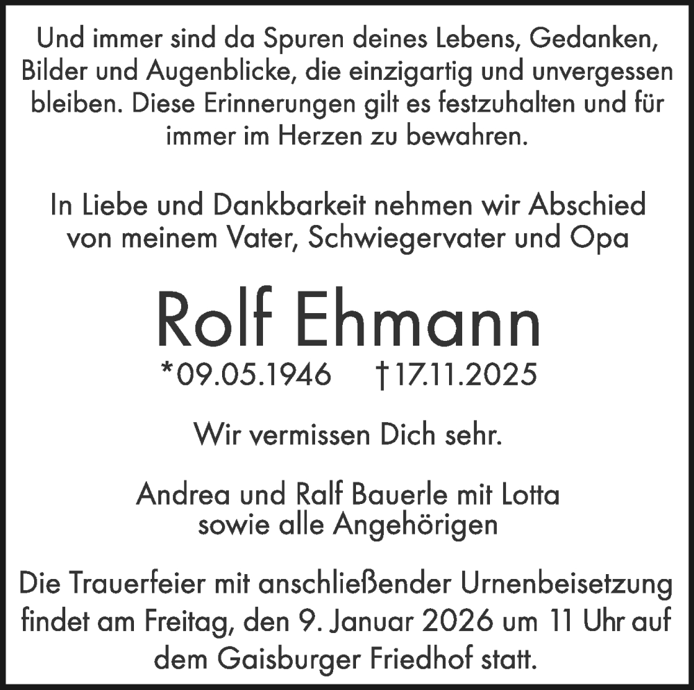  Traueranzeige für Rolf Ehmann vom 03.01.2026 aus Stuttgarter Zeitung / Stuttgarter Nachrichten