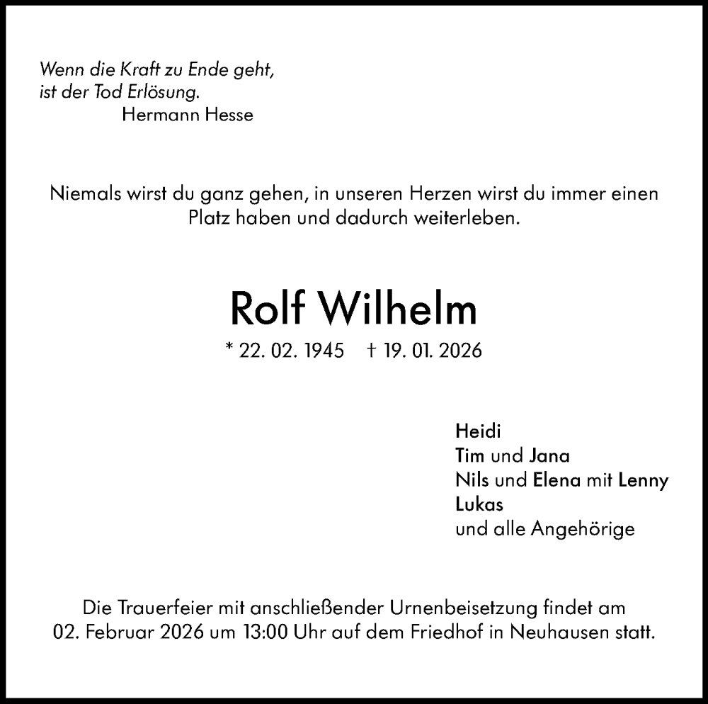  Traueranzeige für Rolf Wilhelm vom 30.01.2026 aus Eßlinger Zeitung