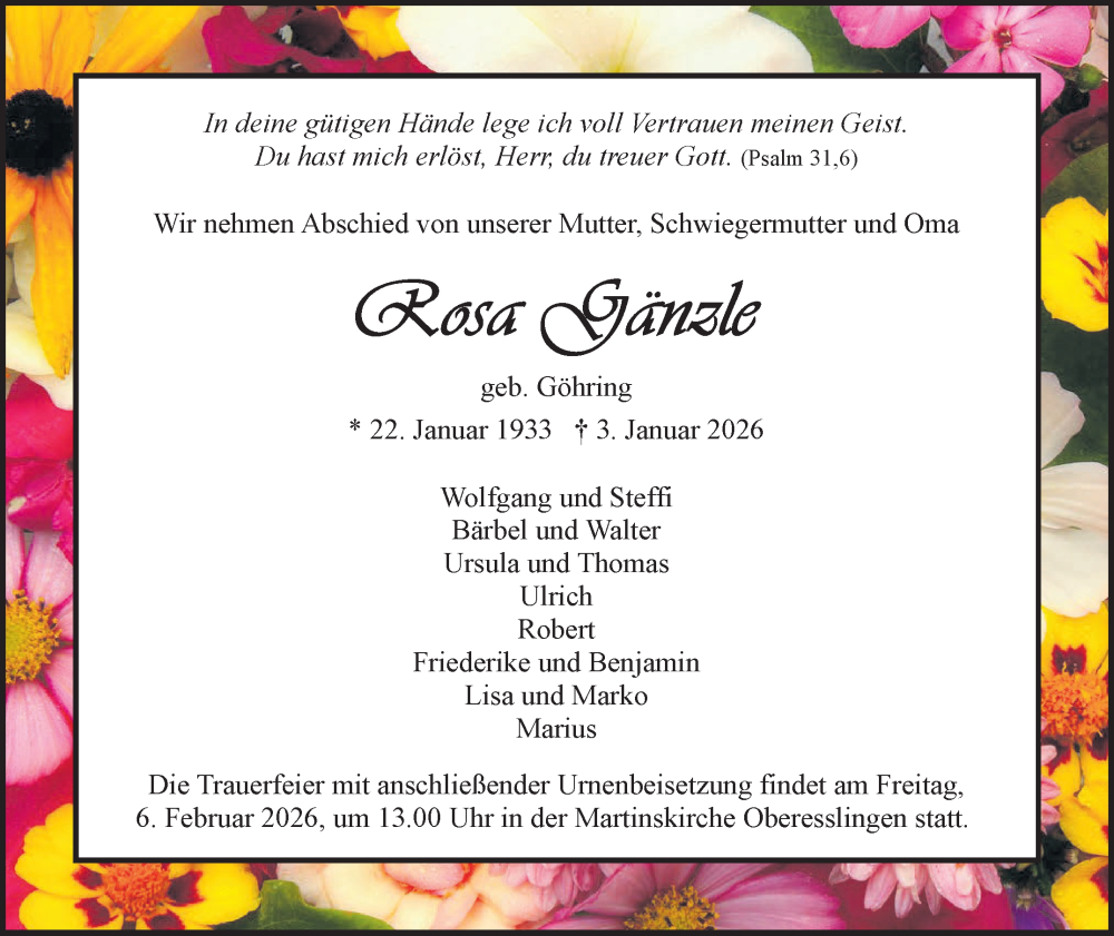  Traueranzeige für Rosa Gänzle vom 17.01.2026 aus Eßlinger Zeitung