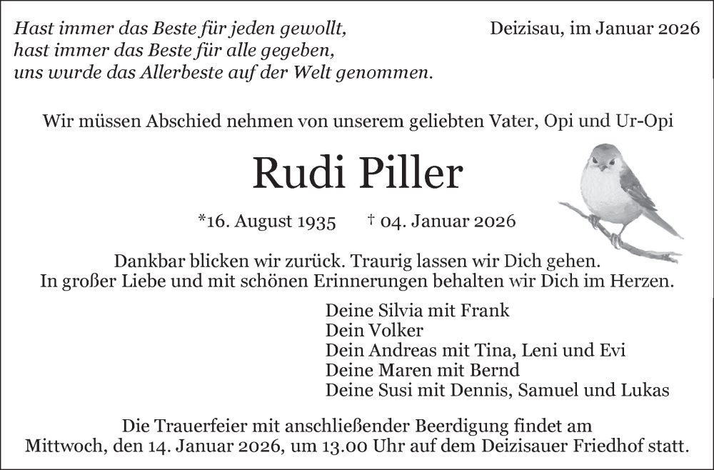 Traueranzeige für Rudi Piller vom 10.01.2026 aus Eßlinger Zeitung