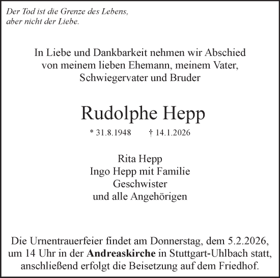 Traueranzeige von Rudolphe Hepp von Stuttgarter Zeitung / Stuttgarter Nachrichten