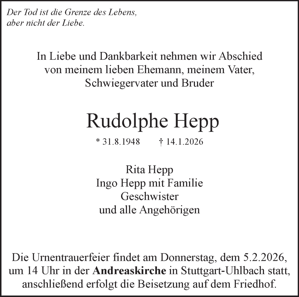  Traueranzeige für Rudolphe Hepp vom 24.01.2026 aus Stuttgarter Zeitung / Stuttgarter Nachrichten