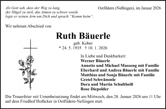 Traueranzeige von Ruth Bäuerle von Eßlinger Zeitung
