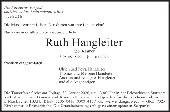 Traueranzeige von Ruth Hangleiter von Stuttgarter Zeitung / Stuttgarter Nachrichten