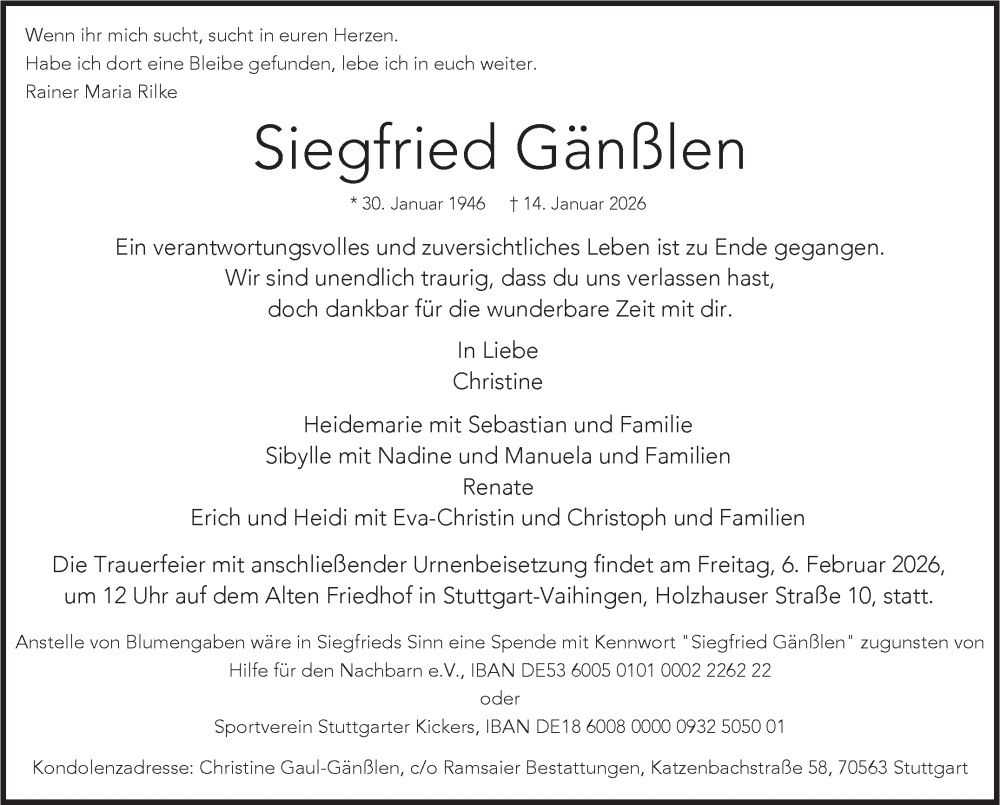  Traueranzeige für Siegfried Gänßlen vom 27.01.2026 aus Stuttgarter Zeitung / Stuttgarter Nachrichten