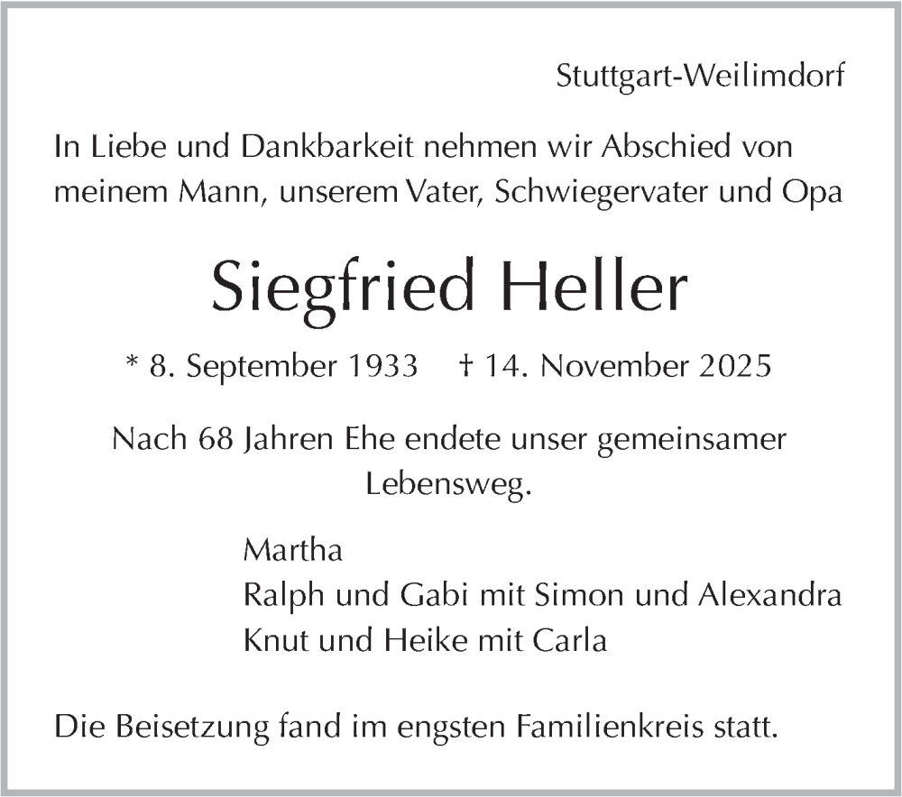  Traueranzeige für Siegfried Heller vom 06.12.2025 aus Stuttgarter Zeitung / Stuttgarter Nachrichten