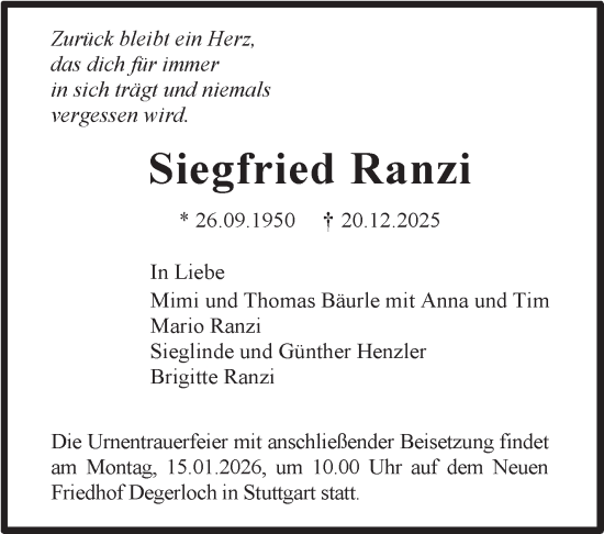 Traueranzeige von Siegfried Ranzi von Stuttgarter Zeitung / Stuttgarter Nachrichten