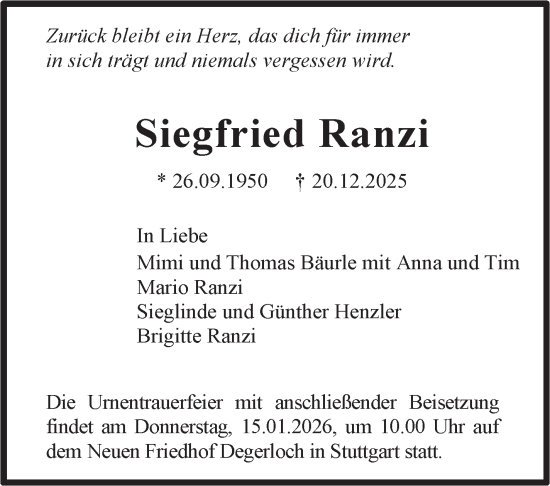 Traueranzeige von Siegfried Ranzi von Stuttgarter Zeitung / Stuttgarter Nachrichten