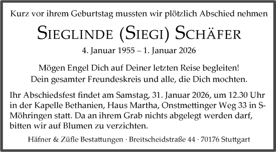 Traueranzeige von Sieglinde Schäfer von Stuttgarter Zeitung / Stuttgarter Nachrichten