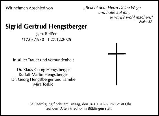 Traueranzeige von Sigrid Gertrud Hengstberger von Kreiszeitung Böblinger Bote